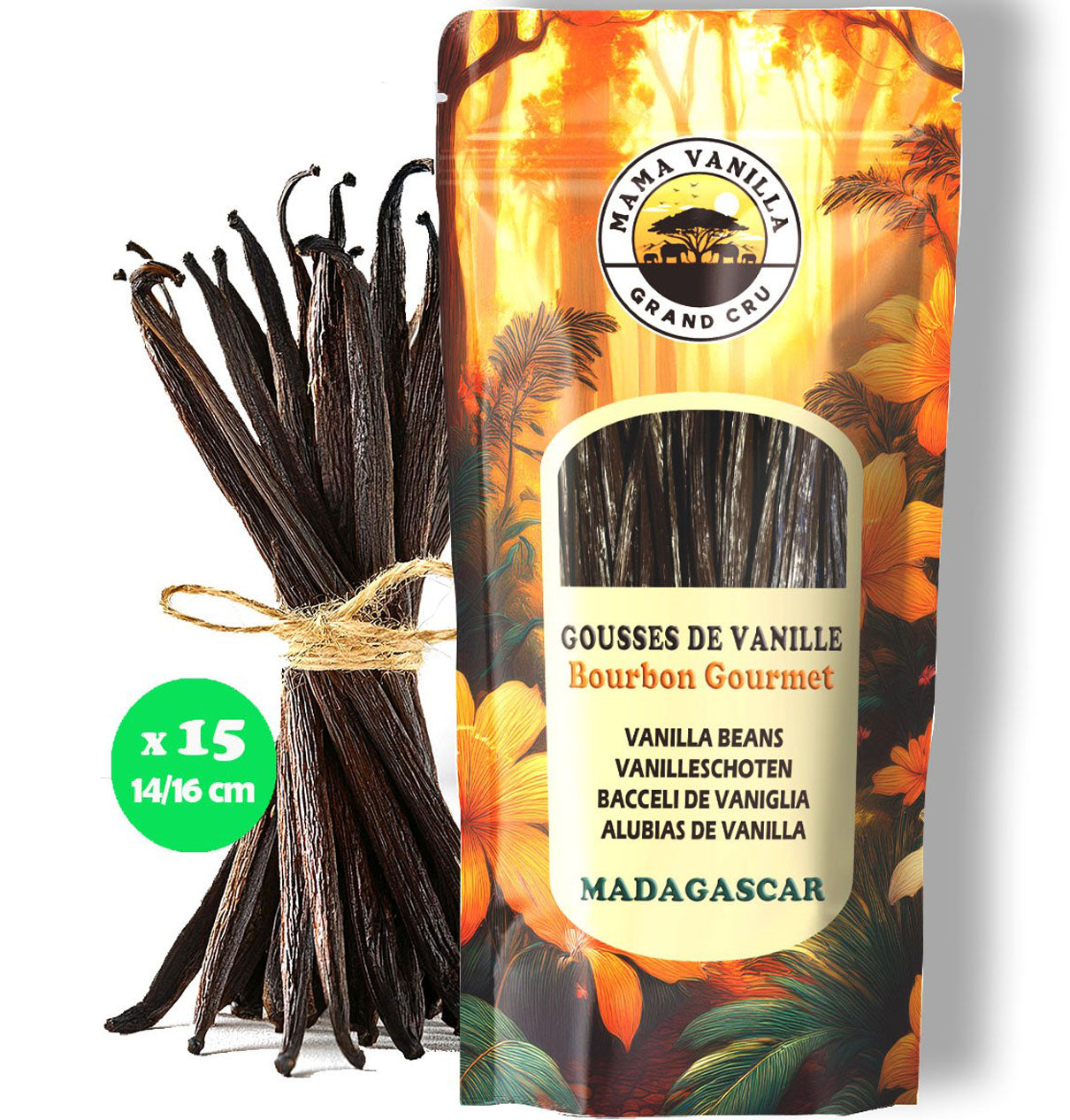 Vanille BOURBON Gourmet de MADAGASCAR Qualité A - 15 GOUSSES 14/16 cm