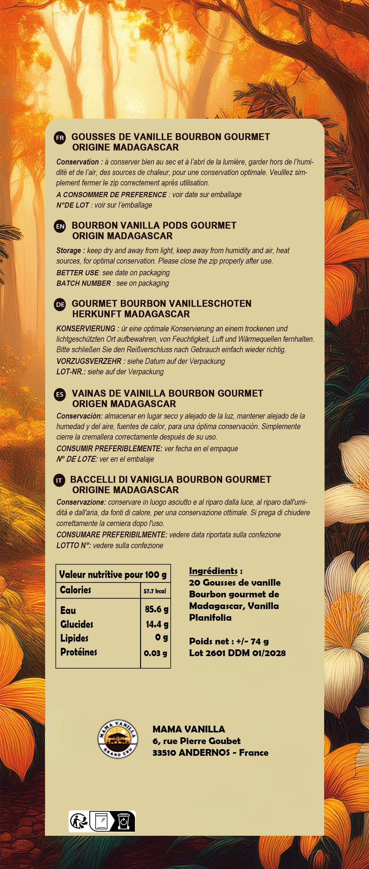 Vanille BOURBON Gourmet de MADAGASCAR Qualité A - 20 GOUSSES 14/16 cm