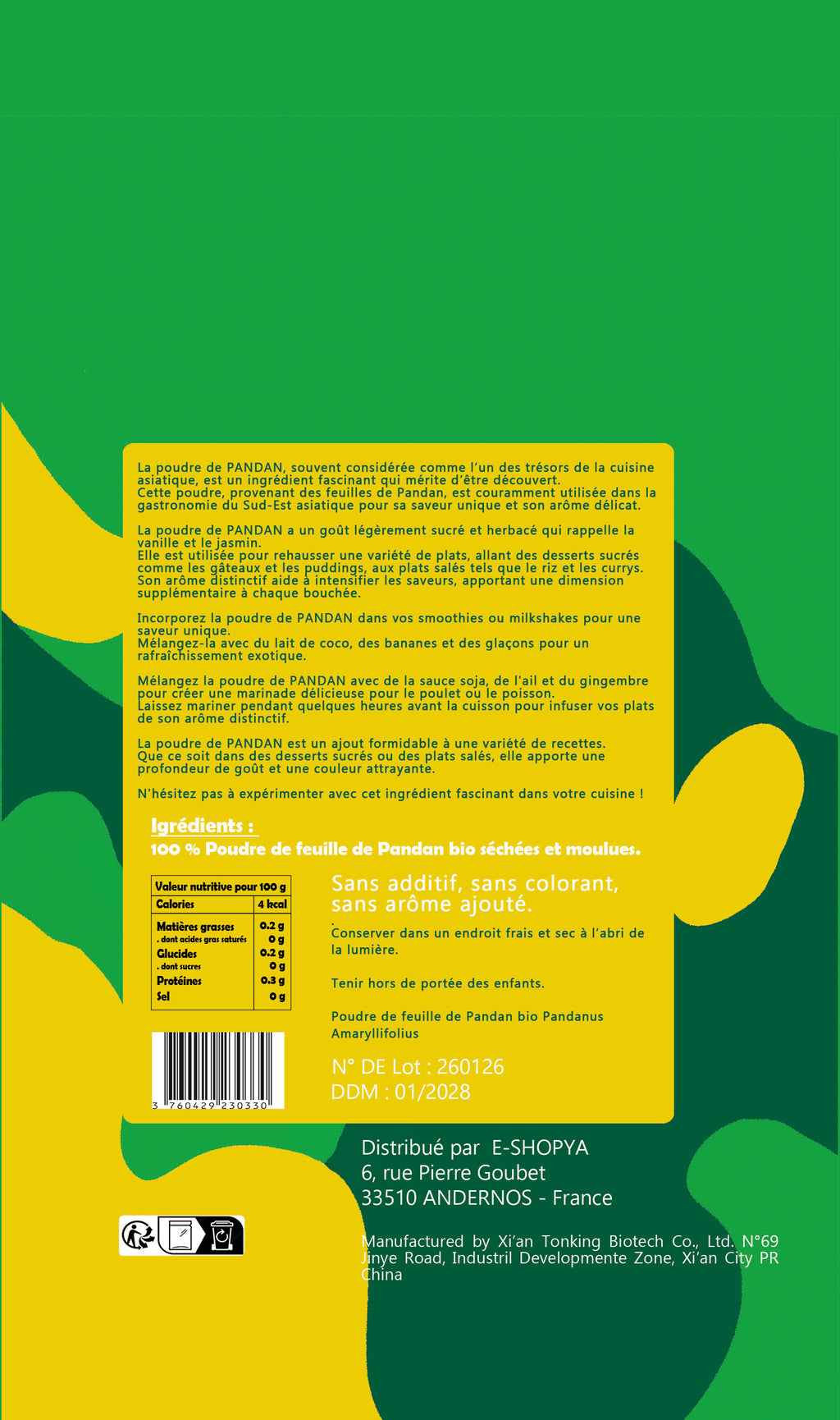 Poudre de PANDAN - 100 % NATUREL - Sans additif - Sachet de 100 g