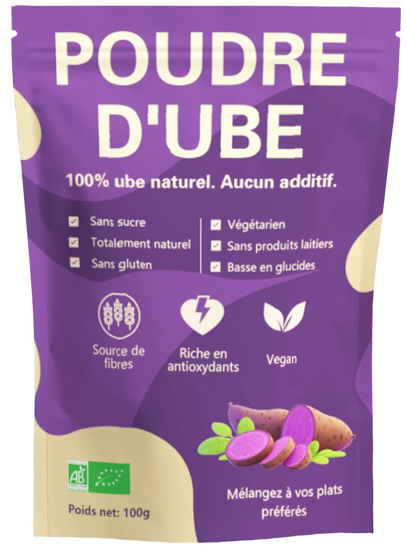 Poudre d'ube BIO 100 g 100 % pure poudre d'ube naturelle de qualité supérieure - Catégorie A Origine Philippines sans additifs ni colorants garantis ‣ Végane et sans gluten ‣ Idéale pour boissons et pâtisseries
