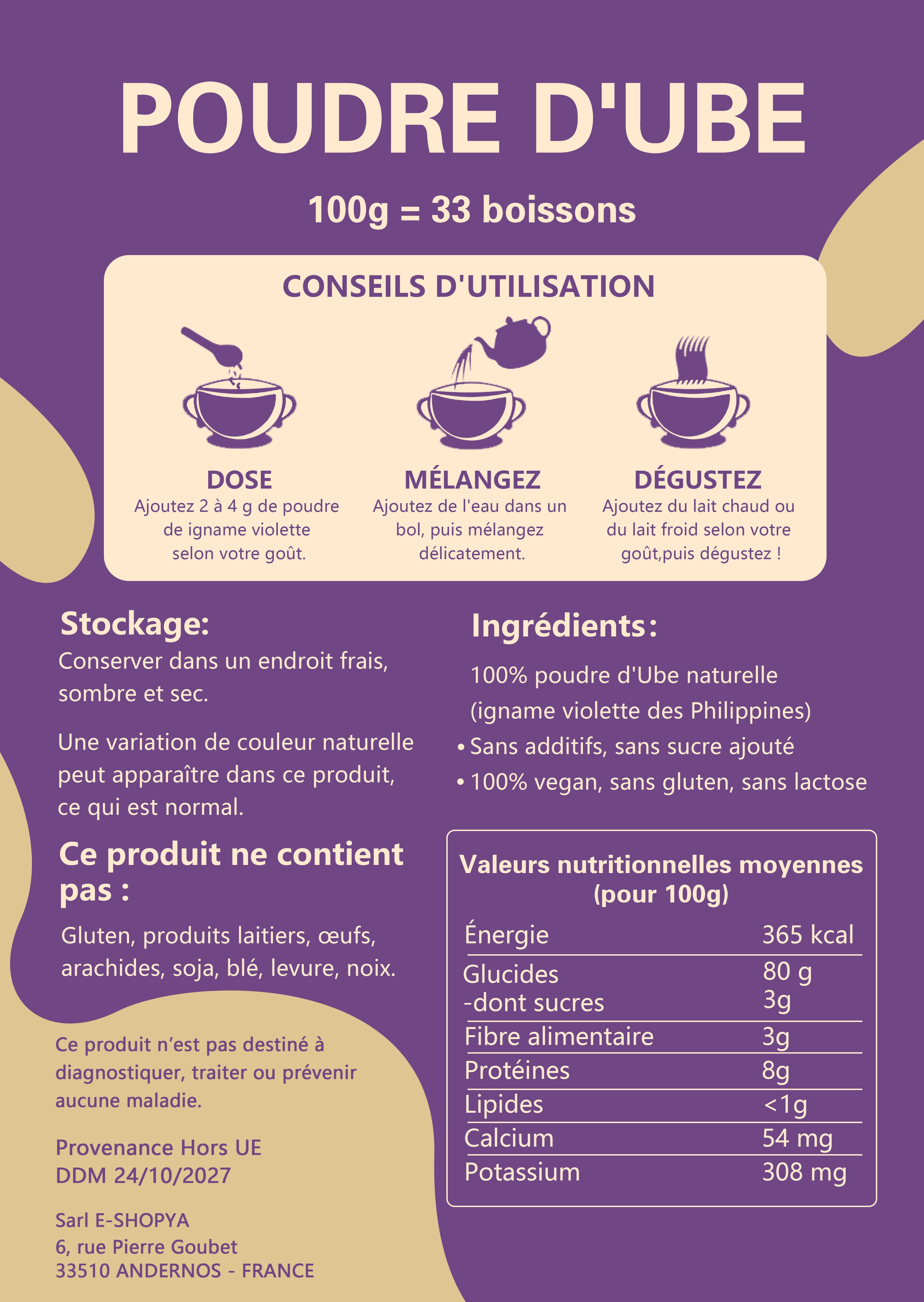 Poudre d'ube BIO 100 g 100 % pure poudre d'ube naturelle de qualité supérieure - Catégorie A Origine Philippines sans additifs ni colorants garantis ‣ Végane et sans gluten ‣ Idéale pour boissons et pâtisseries