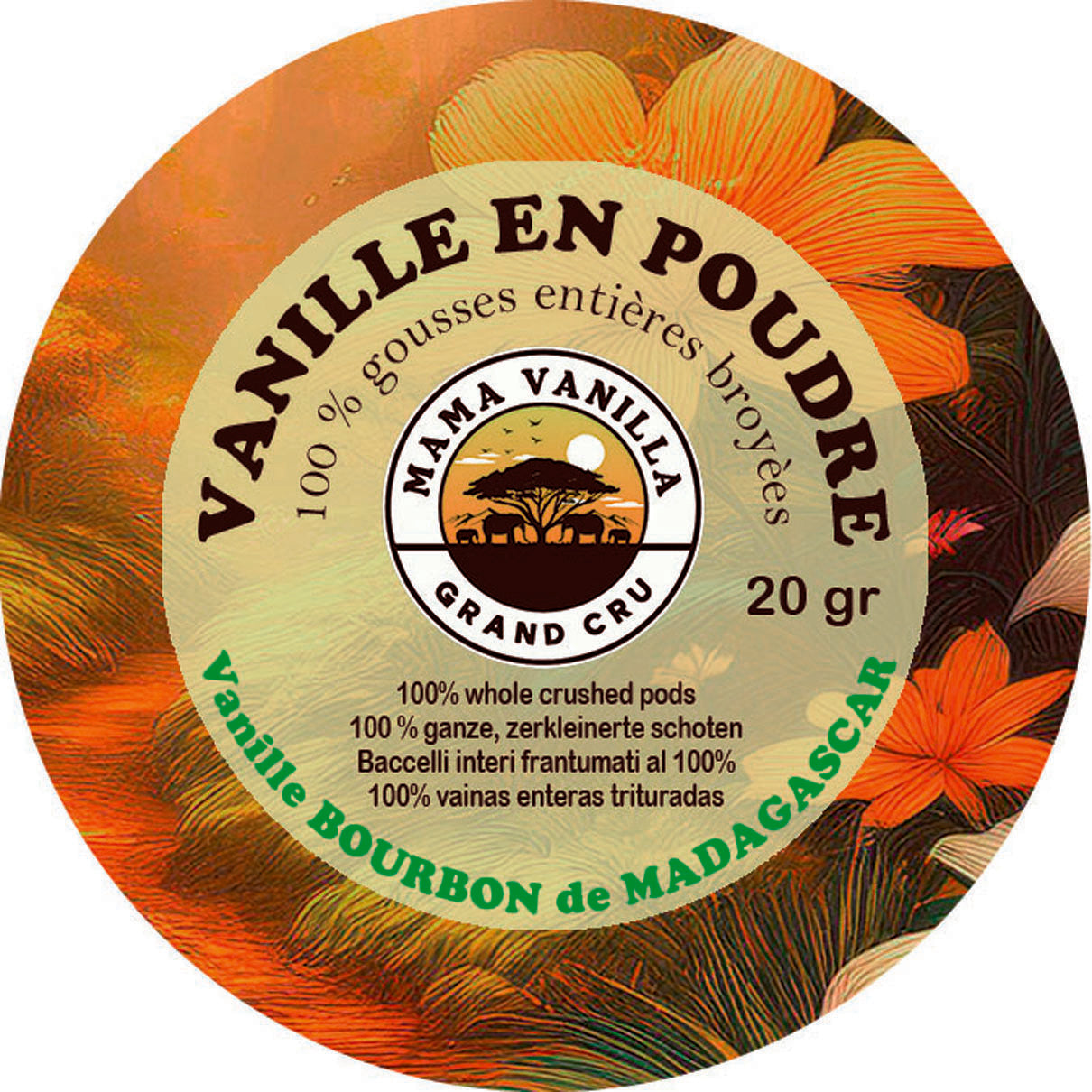 Vanille en poudre 100% naturelle issue de gousses de vanille entières fraiches broyées - Vanille Bourbon de Madagascar - Pot de 20g