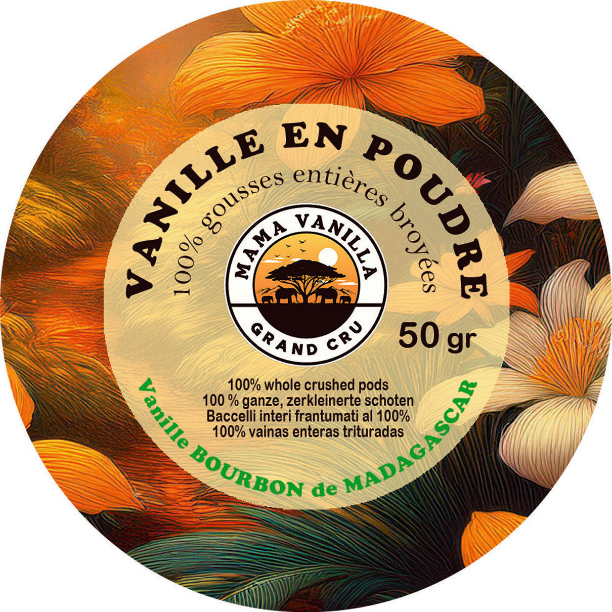 Vanille en poudre - Pot de 50g - 100% naturelle issue de gousses de vanille entières fraiches broyées - Vanille Bourbon de Madagascar - Sans additifs, sans sucre, sans conservateur.