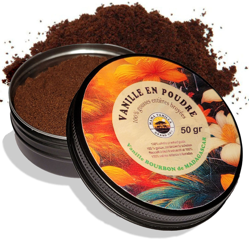 Vanille en poudre - Pot de 50g - 100% naturelle issue de gousses de vanille entières fraiches broyées - Vanille Bourbon de Madagascar - Sans additifs, sans sucre, sans conservateur.